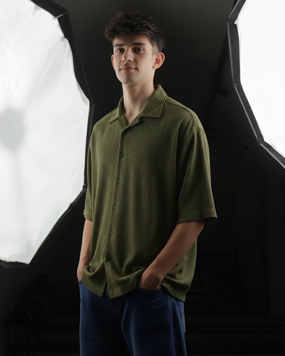Oversize Woven Lycra Shirt - Olive