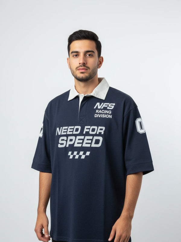 Model wearing the NFS Racing Division oversized polo in navy
