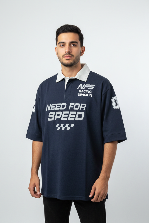 Model wearing the NFS Racing Division oversized polo in navy